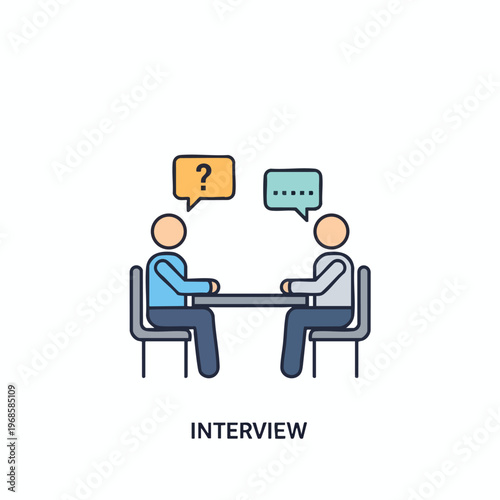 Two stylized people sit at a table, one with a question, the other responding