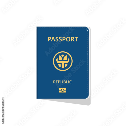 A blue passport with a gold emblem, "PASSPORT", and "REPUBLIC" in gold lettering