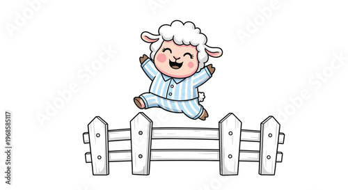 Cute cartoon sheep jumping over a fence in pajamas.