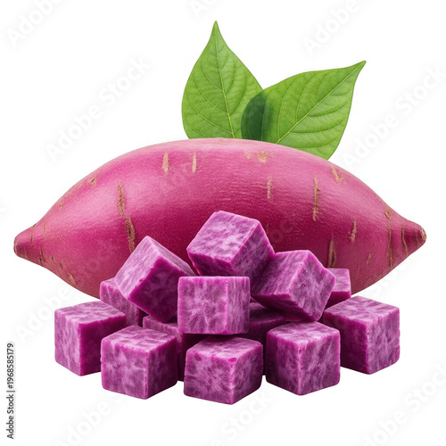 Vibrant purple sweet potato with cubed pieces isolated on transparent background
