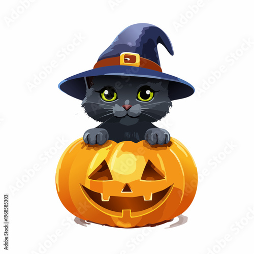 Katze mit Hexenhut auf Kürbis – Halloween Vektor