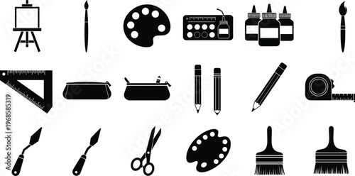 Art design and drawing tools icon set featuring palette brushes pencils rulers paint bottles silhouette collection isolated on white background