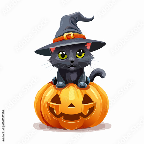 Katze mit Hexenhut auf Kürbis – Halloween Vektor