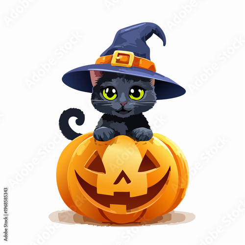 Katze mit Hexenhut auf Kürbis – Halloween Vektor