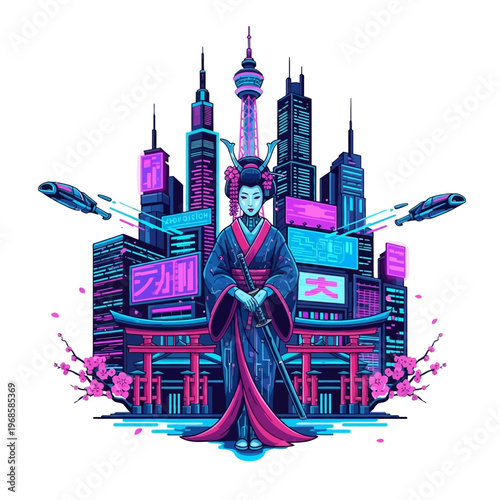 Cyberpunk Geisha with Neon Cityscape and Futuristic Flying Cars