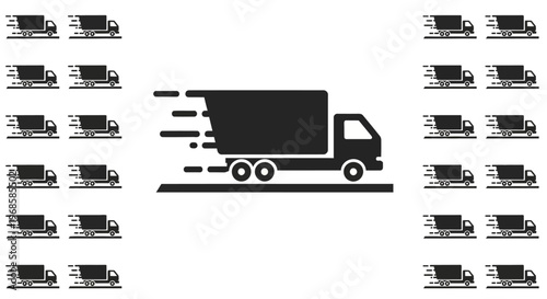 Grid of black delivery trucks with a central truck depicted in motion blur, representing fast and efficient logistics on isolated white background.
