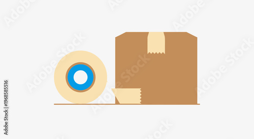 Simple brown cardboard box sealed with blue packing tape, ready for shipping on isolated white background.