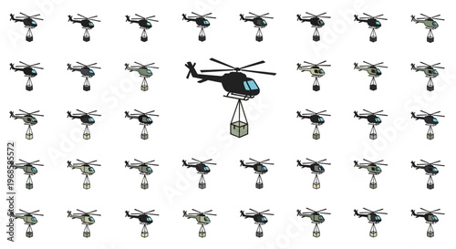 Grid of helicopters with some carrying delivery packages, representing aerial logistics and drone shipping on isolated white background.