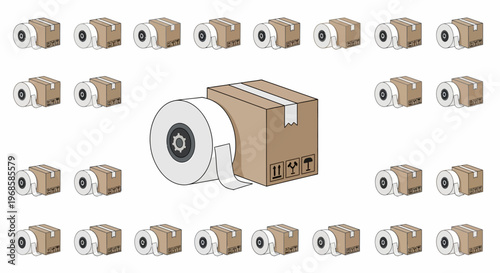 Various cardboard boxes and rolls of brown packaging tape for shipping and logistics on isolated white background.