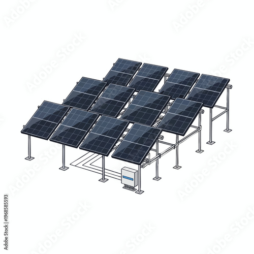 Array of dark blue solar panels on metal frames with an inverter