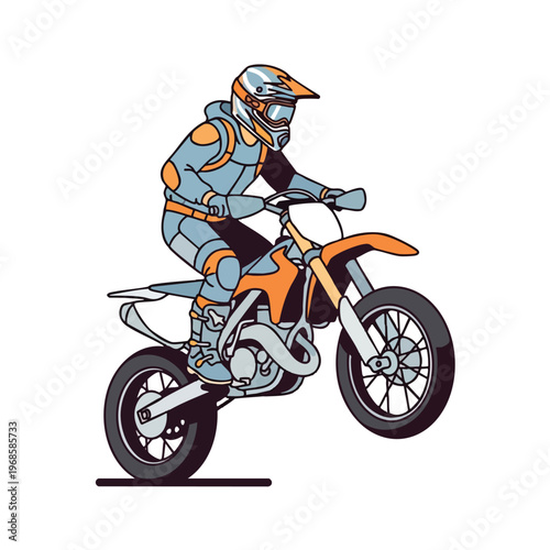 A person in full gear rides an orange and gray dirt bike, front wheel raised