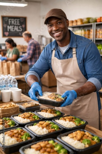 Smiling man wearing an apron and gloves packaging prepared meals, contributing to charity work and food donation for people in need at a community center