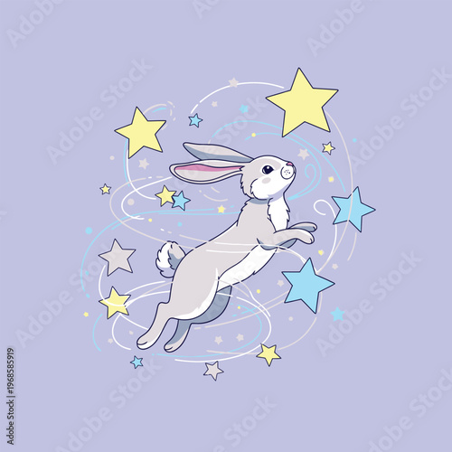 Cute cartoon rabbit jumping among stars.