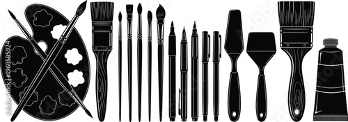 Artist painting tools and brushes set including palette pens markers spatula paint tube silhouette collection isolated on white background