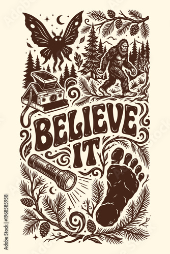 Retro cryptozoology mystery illustration for t-shirt design with bigfoot and mothman
