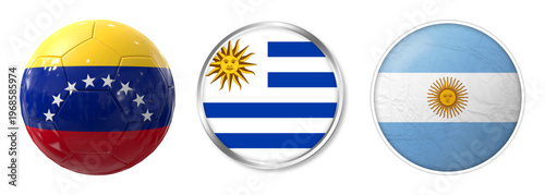 South American national flags on soccer ball and glossy badges, Venezuela Uruguay and Argentina football icons, 3D sports vector set