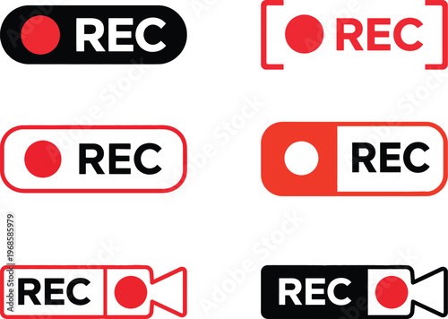 Set of Six Red and Black REC Recording Button Icons with Various Badge and Camera Styles Including Solid, Outline and Toggle Switch