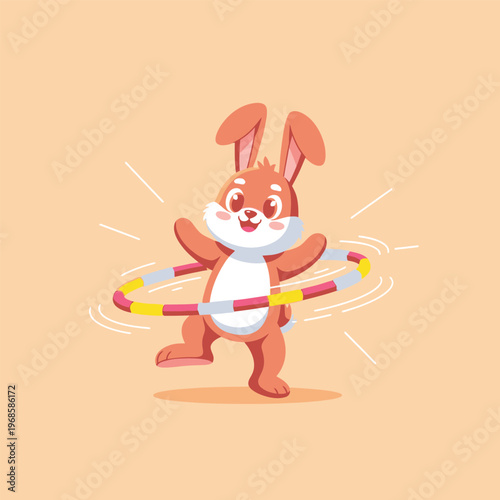 Cute cartoon rabbit playing with a hula hoop.