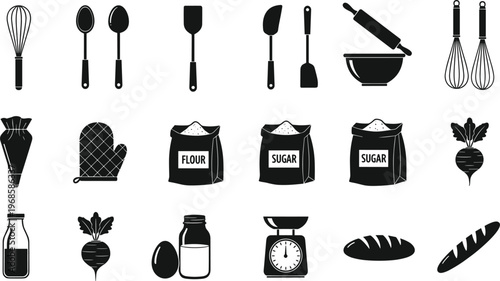 Baking and kitchen ingredients tools icon set featuring whisk rolling pin flour sugar scale bread silhouette collection isolated on white background