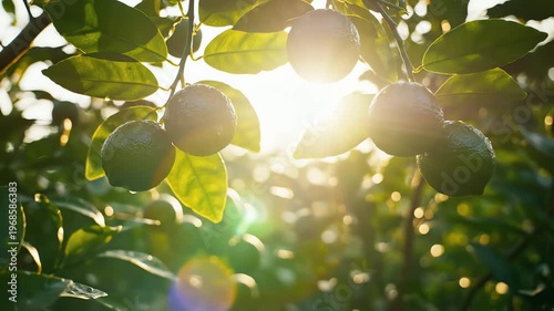Fresh Limes Ripening on a Tree Branch in Sunlight