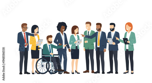 Diverse Business Team Collaboration with Disabled Employee Inclusion in Office – Vector Illustration