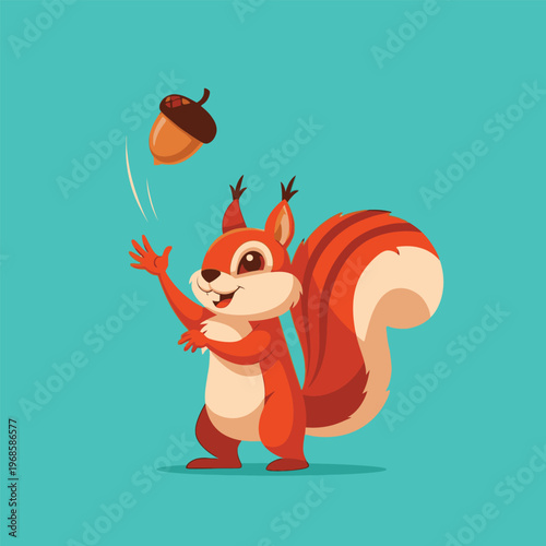 Cute cartoon squirrel playing with acorn in the air.