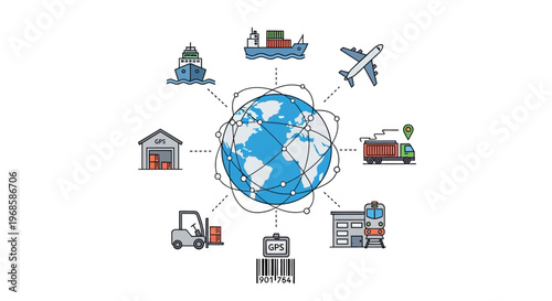 Global Logistics and Supply Chain Line Art Icon with Earth and Transportation Elements