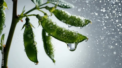 Fresh Pea Pods Covered in Water Droplets