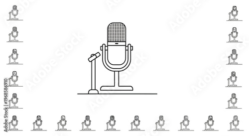 Vintage Style Microphone on Stand with Surrounding Microphone Icons Isolated White Background