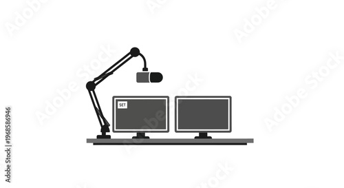Minimalist Computer Workstation with Dual Monitors and Desk Lamp Isolated White Background