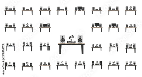 Multiple Audio Production and Podcasting Studio Setups Isolated White Background
