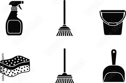 Cleaning tools and household supplies icon set featuring spray bottle broom mop sponge bucket dustpan silhouette collection isolated on white background