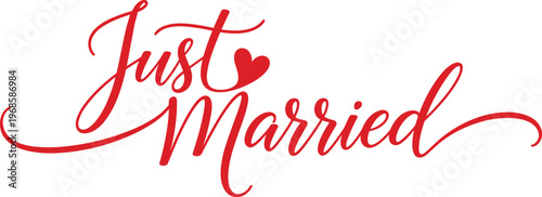 Just Married Handwritten Typography with Heart Symbol for Wedding Decoration, Bridal Shower Graphics, Romantic Celebration Designs, and Love-Themed Branding