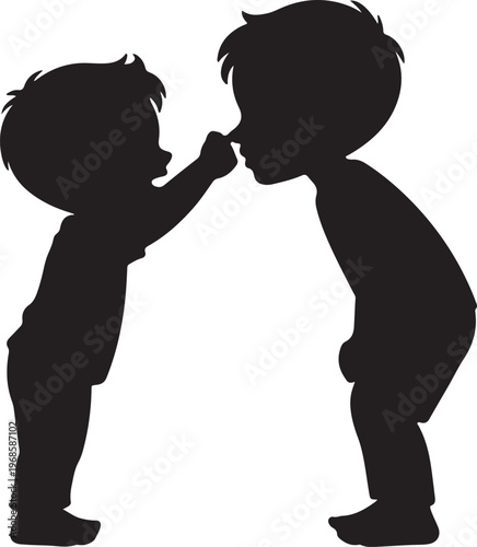 Mischievous boy pulling his brothers nose vector silhouette art