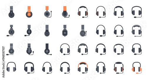 Collection of Colorful Over-Ear Headphones and Headsets Icons on Isolated White Background