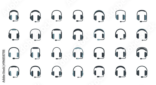 Collection of Black and Grey Over-Ear Headphones Icons on Isolated White Background
