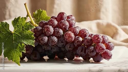 Fresh Purple Grapes with Water Droplets on Marble Surface