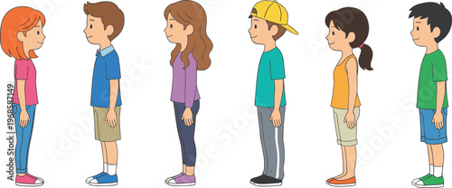 Flat vector illustration of a row of diverse children and teenagers standing in profile view isolated on white background for educational design projects