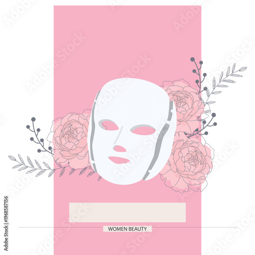 Cosmetic LED facial mask regenerative treatment with peony flowers. Health and beauty of the face social media visual