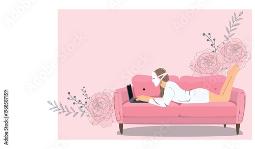 Led mask banner with woman with an infrared facial mask. Woman works at home on a laptop. Home skin care concept.