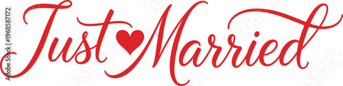 Just Married Typography Design with Heart Symbol in Elegant Script Lettering for Wedding Decoration, Bridal Graphics, and Romantic Celebration Design