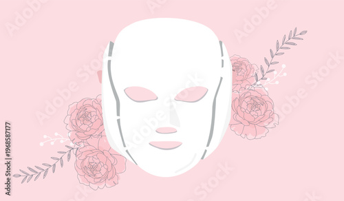 A regenerative LED facial mask with a pink background featuring peony flowers. Facial beauty and health banner.