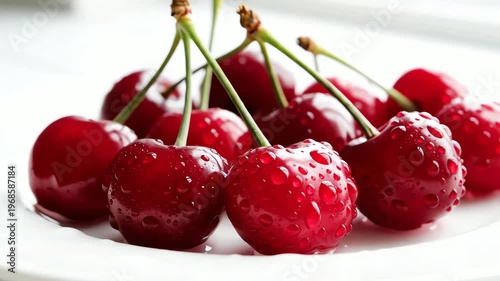 Fresh Ripe Cherries With Water Drops On White Plate