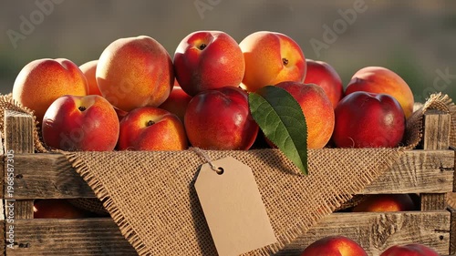 Fresh Ripe Nectarines in Wooden Crate with Tag
