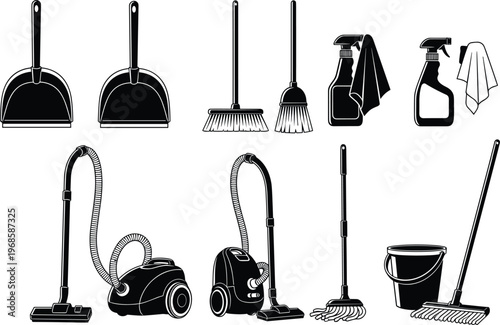 Cleaning tools and housekeeping equipment icon set featuring vacuum mop broom spray bottle bucket silhouette collection isolated on white background