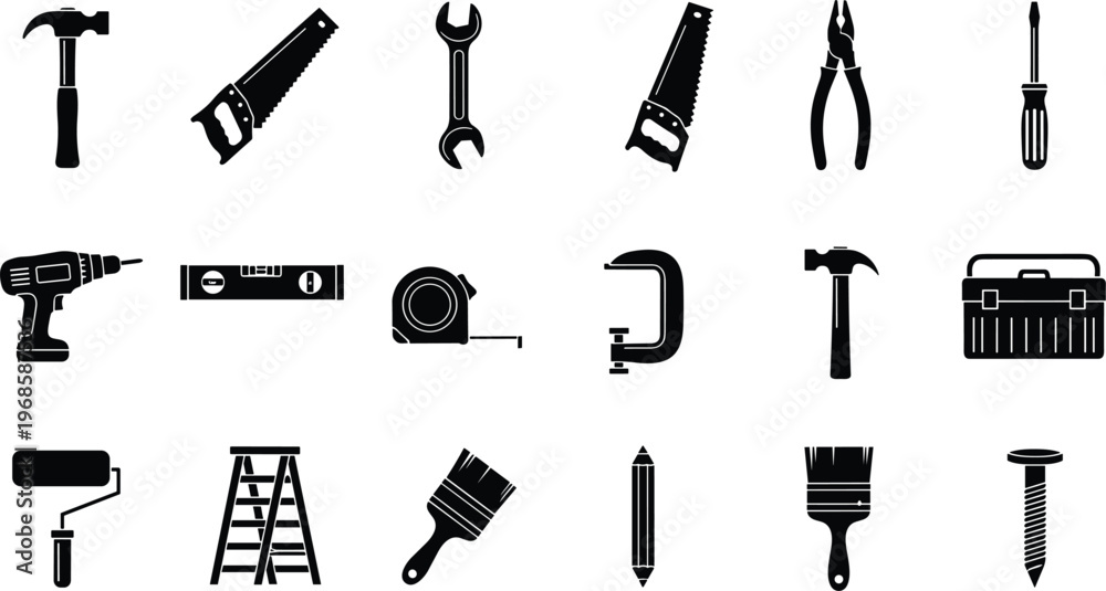 Obraz premium Construction and handyman tools icon set featuring hammer drill saw wrench ladder paint roller silhouette collection isolated on white background