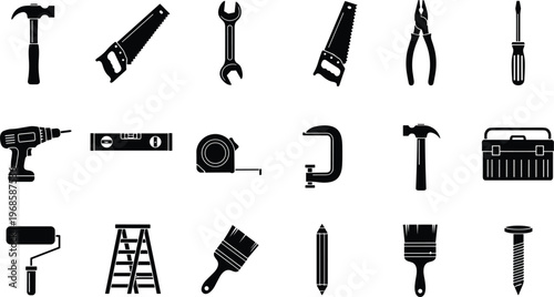 Construction and handyman tools icon set featuring hammer drill saw wrench ladder paint roller silhouette collection isolated on white background