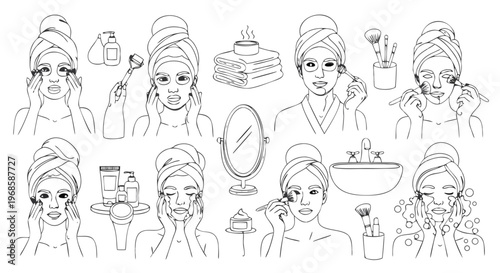 High Quality Black Continuous Line Skincare Routine – Minimal Beauty & Self Care Illustration