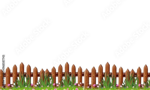Illustration of a Brown Wooden Fence with Grass and Spring Flowers.