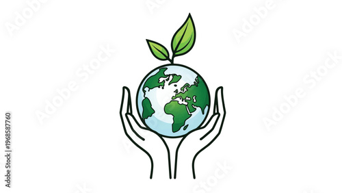 Eco friendly globe with hands, earth care, green planet icon, sustainable vector